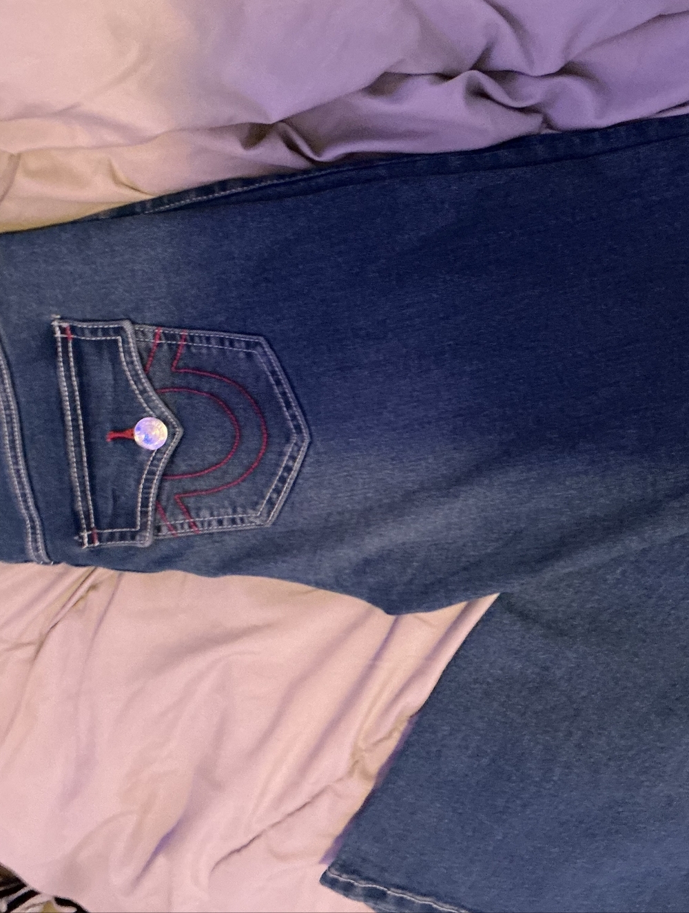 True Religion Dark Blue Boot Cut Jeans with Red Embroidery